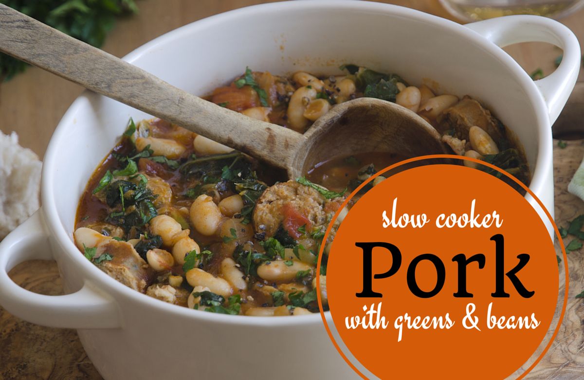 Schmortopf-Schweinefleisch mit Blattgemüse und Bohnen