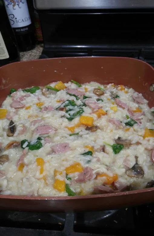 Risotto mit Butternusskürbis und Hähnchen-Apfel-Wurst