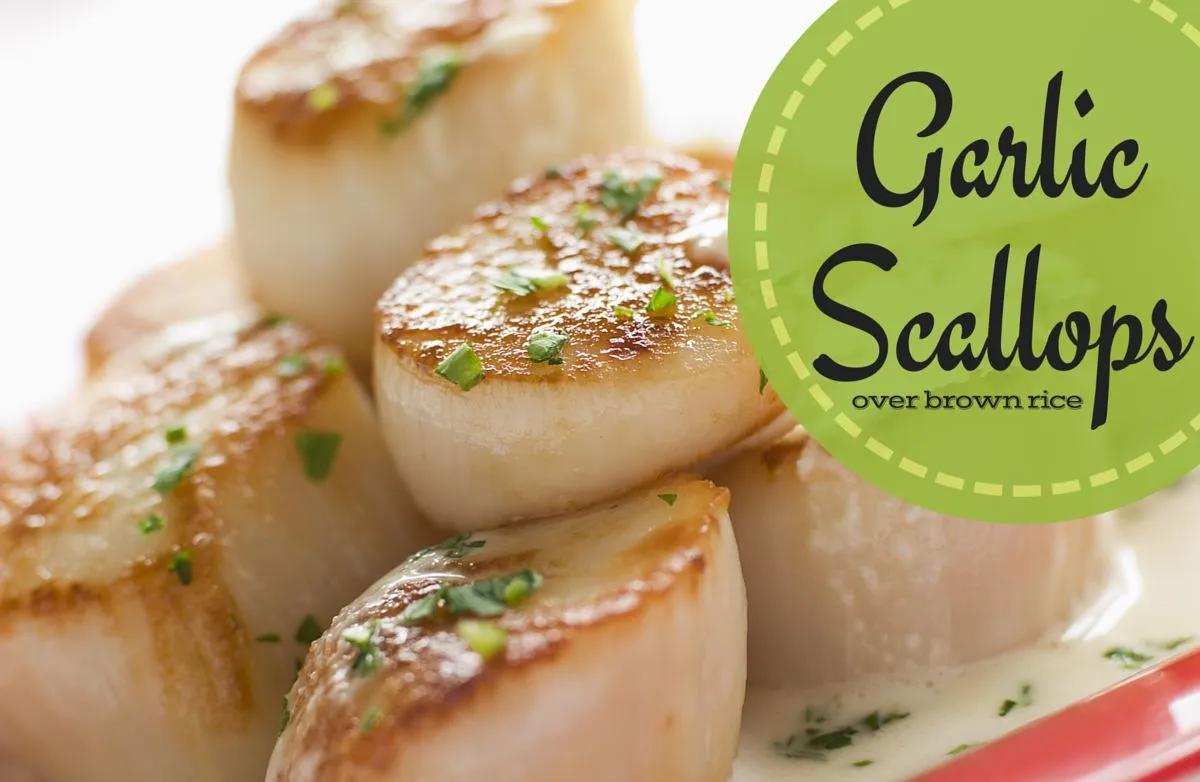 Knoblauch-Scampi über braunem Reis