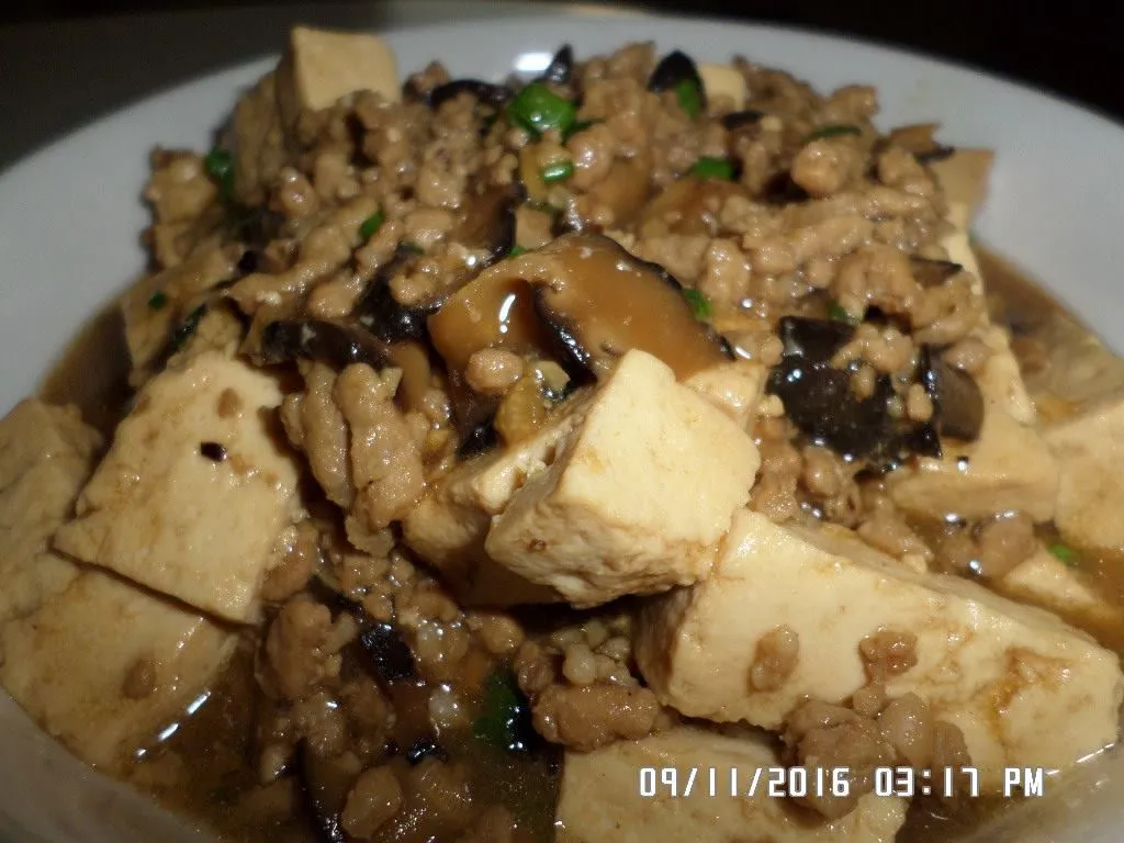 Geschmorter fester Tofu mit Pilzen