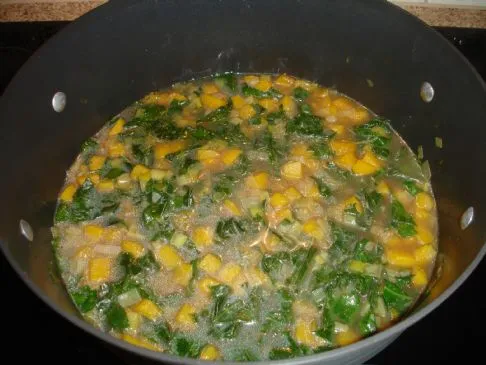 Suppe aus Butternusskürbis, Grünkohl und Lauch