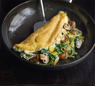 Lauch, Pilz, Spinat Soufflé-Omelett