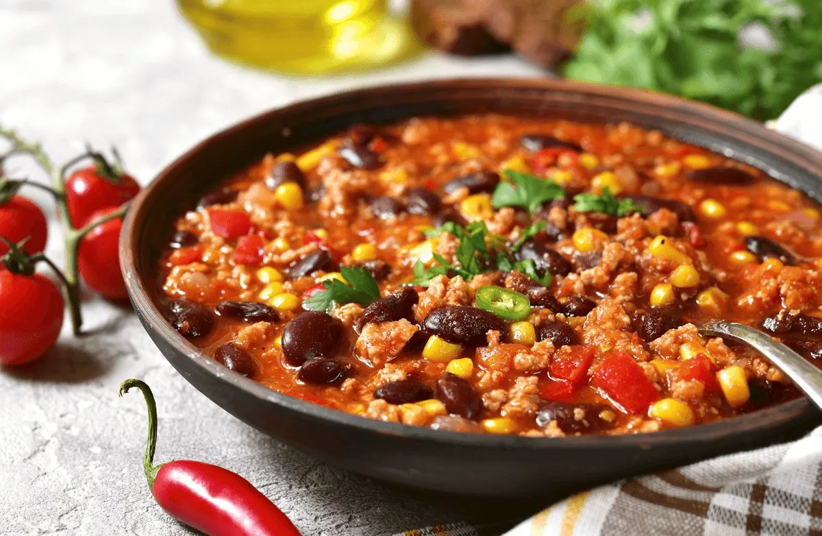 Slow Cooker Chili mit Mais, schwarzen Bohnen und Putenhackfleisch